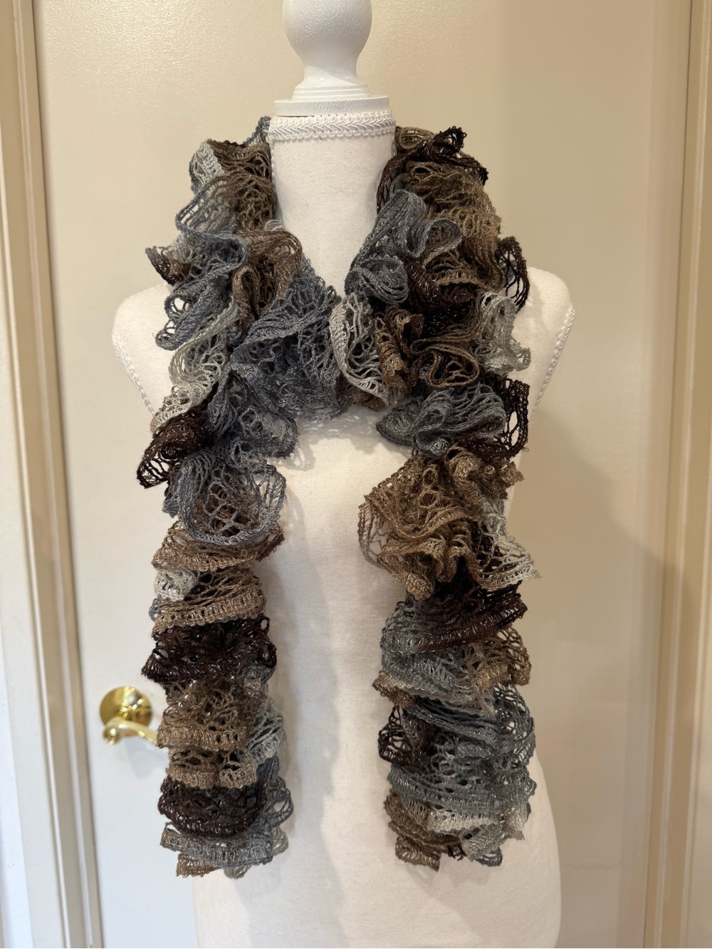 Ruffled Knit Scarf in Gray & Browns